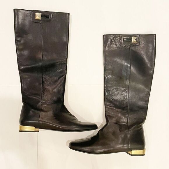 Kate Spade Knee High Boots Black Leather Made Italy Size 7 Gold Heel Equestrian - Picture 7 of 12